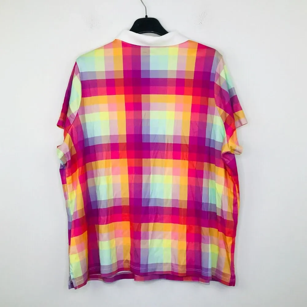 Lands End Women's 3X Polo Shirt Rainbow Plaid Short Sleeve Cotton Popover CM24
